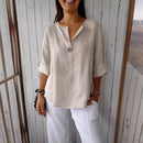 Blusa Casual de Algodón y Lino con Cuello en V para Mujer Linden